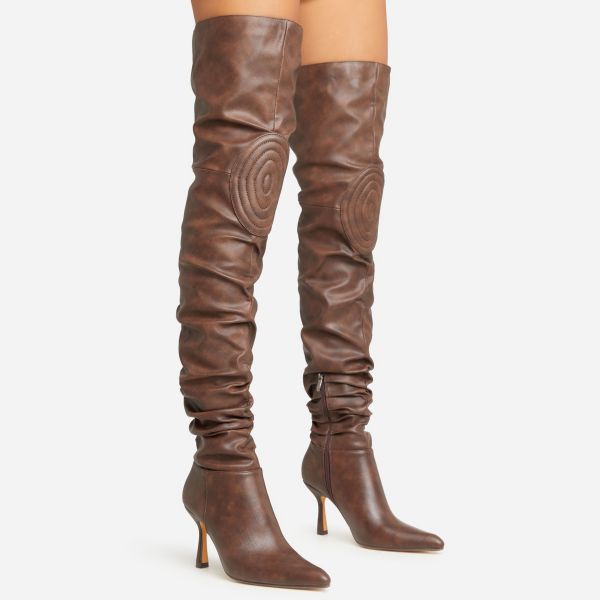 Komodo Knee Pad Ruched Detail Pointed Toe Flared Block Heel Over The Knee Thigh High Long Boot In Brown Faux Leather, Women's Size UK 5