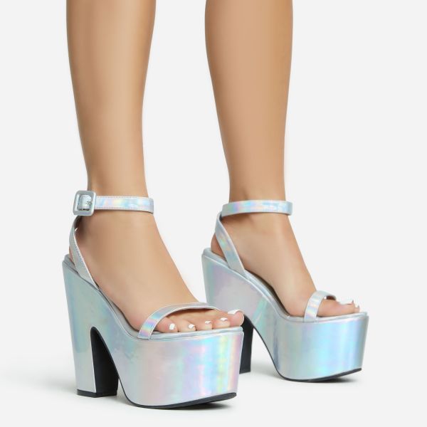 Lina Ankle Strap Platform Wedge Heel In Silver Iridescent Metallic Faux Leather, Women's Size UK 4