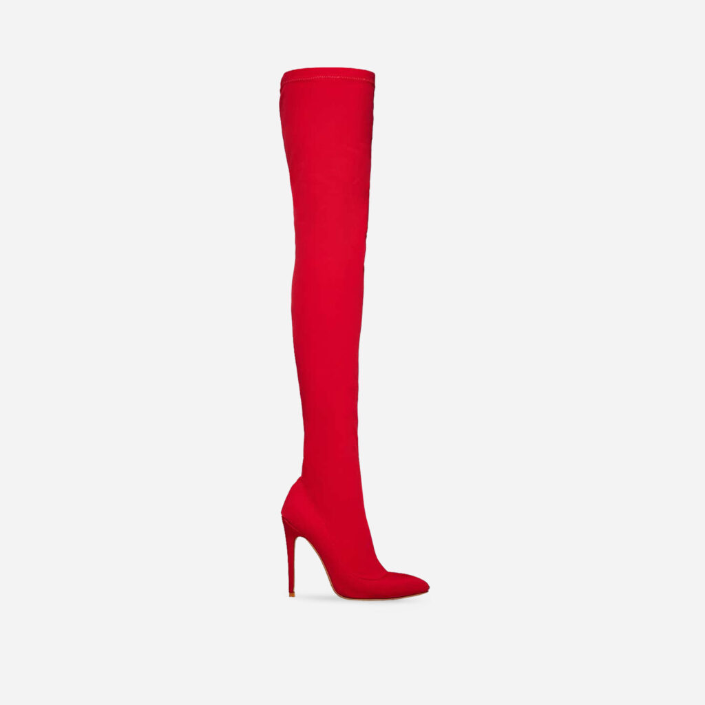Alabama Pointed Toe Over The Knee Thigh High Long Sock Boot In Red Lycra, Red